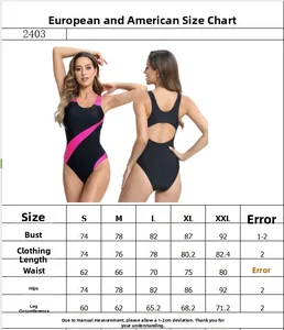 Detailed size guide table for women's one-piece athletic swimsuit covering sizes S to XXL