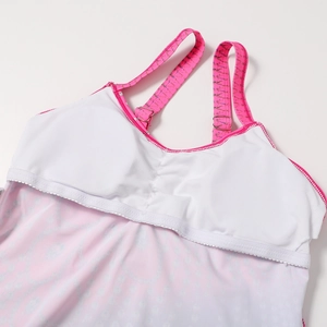 Detail of adjustable straps and breathable mesh lining on pink print bikini top