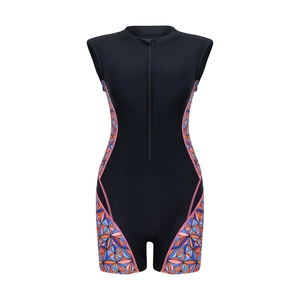 Sleeveless one-piece surfing swimsuit with front zipper and geometric floral print