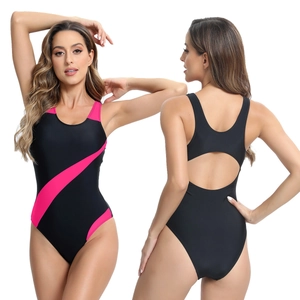 Women Sexy One-Piece Swimsuit Racerback Color Block Athletic Training Swimwear Quick Dry High Cut Bathing Suit