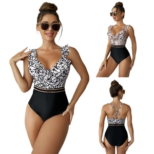 Women Sexy One-Piece Swimsuit V-Neck Ruffle Leopard Floral Print Mesh Splicing Backless Beach Bathing Suit Vacation Swimwear