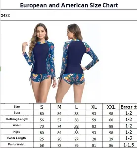Size chart for long sleeve surfing swimsuit set with measurements for S to XXL