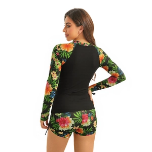 Rear view of long sleeve two-piece bikini featuring a vibrant tropical floral print