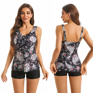 Costume da Bagno Tankini a Fiori da Donna Top con Scollo a V a Volant e Pantaloncini Due Pezzi Moda Mare Sexy