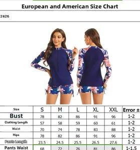 Size chart and model view for women long sleeve floral two-piece surfing swimsuit