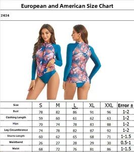 Detailed size chart for women's long sleeve two-piece bikini swimsuit with measurements