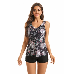Costume da bagno tankini due pezzi da donna con scollo a V, stampa floreale e pantaloncini neri