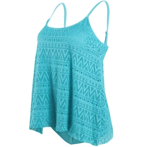 Détail du haut de tankini en dentelle au crochet turquoise avec bretelles et volants