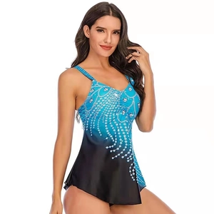 Women's plus size blue black gradient swimsuit with luxury jewel print decoration