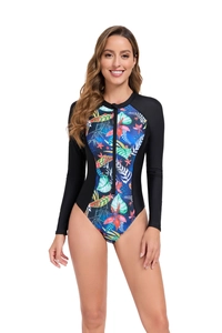Close-up of women's long sleeve rash guard with front zipper and tropical floral print