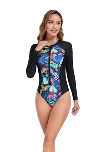 Detail of long sleeve swimsuit featuring tropical floral print and front zipper closure