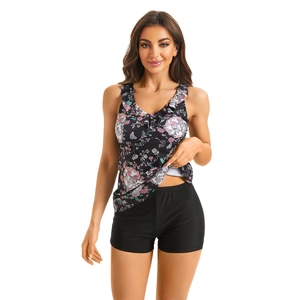 Tankini da donna due pezzi con top a fiori e volant e pantaloncini da bagno neri a vita alta
