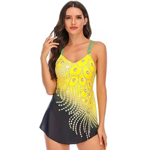 Plus size two-piece swimsuit with vibrant yellow peacock feather print and dual straps