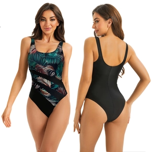 Maillot de bain une pièce pour femme avec imprimé tropical et détails en résille noir