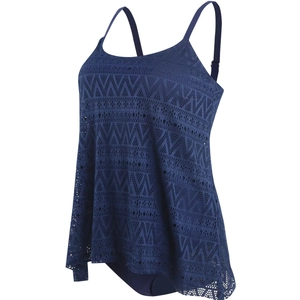 Détail du haut de tankini bleu marine avec dentelle géométrique et doubles bretelles