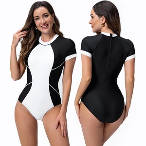Maillot de Bain Une Pièce Femmes Manches Courtes Contraste Couleur Surf Suit Fermeture Éclair Dos Rash Guard pour Surf Natation