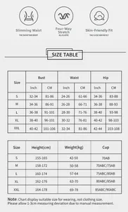 Detailed size chart for long sleeve one-piece swimsuit with bust and waist measurements