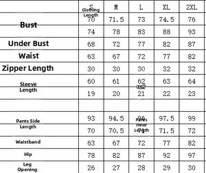 Detailed size chart for long-sleeve modest swimwear including top and pants measurements