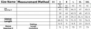 Size chart showing measurements for long sleeve one piece swimsuit and surfing suit