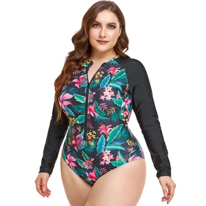 Detail of plus size long sleeve swimsuit with tropical floral print and front zipper