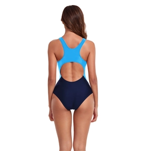 Detail view of athletic one-piece swimsuit with racerback and blue colorblock design