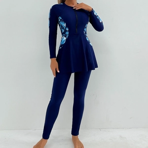 Women Modest Muslim Swimwear Full Coverage Burkini Long Sleeve Skirt Top And Pants Sun Protection Rash Guard Floral Swimsuit