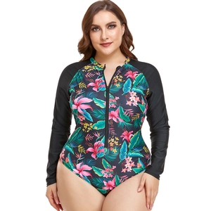 Detail of plus size long sleeve swimsuit with tropical floral print and front zipper closure