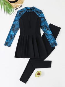 Maillot de bain deux pièces modeste avec manches longues et imprimé de feuilles bleues