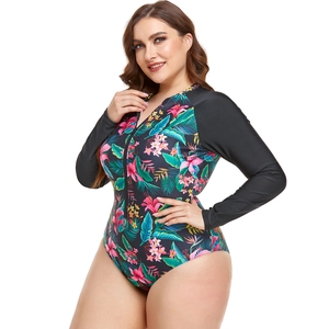 Detailed view of long sleeve floral surfing swimsuit with front zipper closure