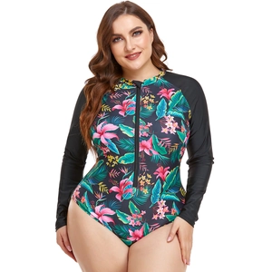 Detailed view of long-sleeve floral swimsuit with high-quality front zipper closure