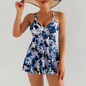 Detail of V-neck tankini swim dress with tropical floral print and wide straps