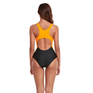 Detail of athletic one-piece swimsuit featuring orange and black contrast racerback design