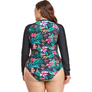 Back view of plus size long sleeve swimsuit with tropical floral print and black sleeves