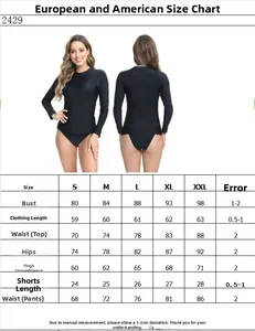 Detailed size chart for long sleeve swimsuit with measurements for bust and waist