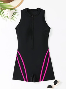 Detail of athletic one-piece swimsuit with front zipper and pink side stripes on white background