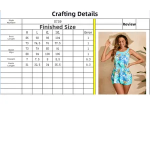 Detailed size chart for women's two-piece tankini swimwear with tropical leaf print design