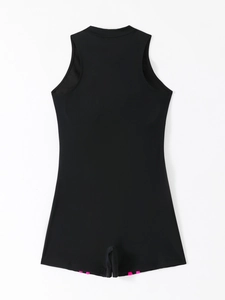 Detail of black sporty swimsuit with pink stripes, high neck and front zipper design