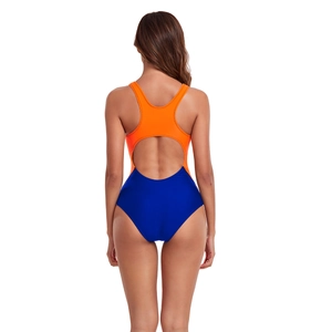 Detail of racerback cutout on a two-tone orange and blue athletic one-piece swimsuit