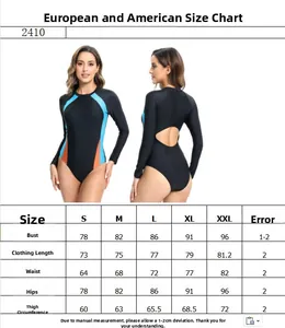 Detailed size chart for long sleeve one-piece swimsuit with EU and US measurements