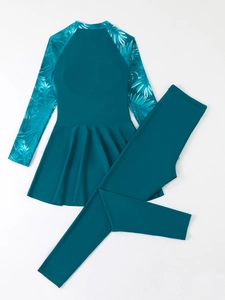 Maillot de bain deux pièces pour femme avec manches longues et imprimé de feuilles tropicales