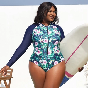 Detail of plus size long sleeve swimsuit with tropical floral print and front zipper