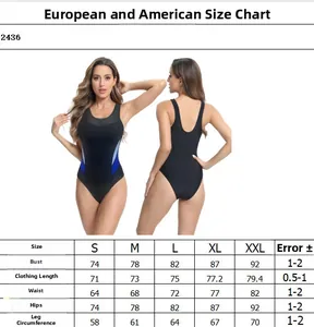Detailed size chart for women's athletic one-piece swimsuit showing S to XXL dimensions