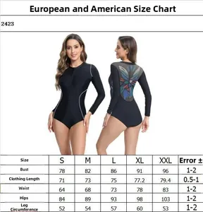 Detailed size chart for long sleeve one-piece surfing swimsuit with floral back print