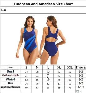 Size chart for women's one-piece athletic swimwear with bust and waist measurements