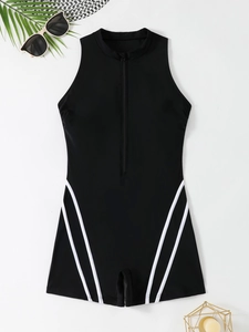 Flat lay of sporty black one-piece swimsuit with front zipper and white side stripes