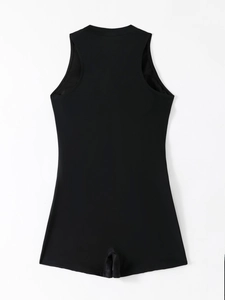 Detail view of black sleeveless racerback bodysuit with high-elastic matte fabric design