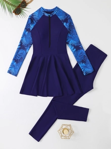 Maillot de bain couvrant à manches longues avec imprimé tropical et fermeture éclair