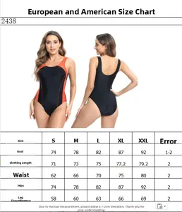 Detailed size chart for competitive one-piece swimsuit with measurements from S to XXL