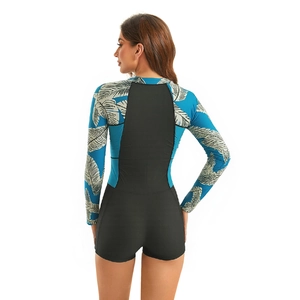 Back view of women's long sleeve one piece swimsuit with blue palm leaf print