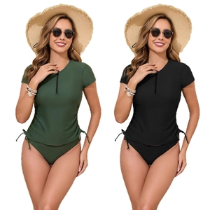 Women Two-Piece Swimsuit Short Sleeve Front Zipper Rash Guard High Waist Bikini With Drawstring Ruched Swimwear